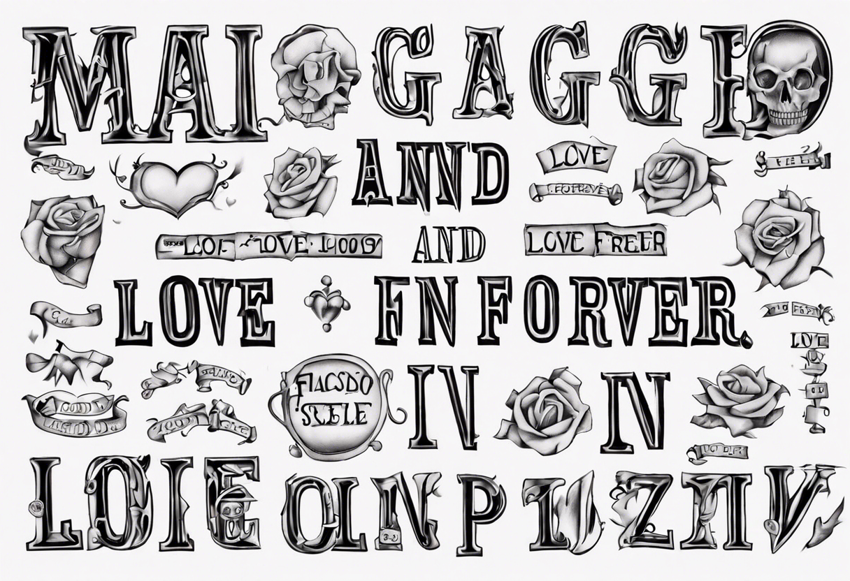 The words Maggie and Lucas and Love and Forever in a crossword puzzle tattoo idea