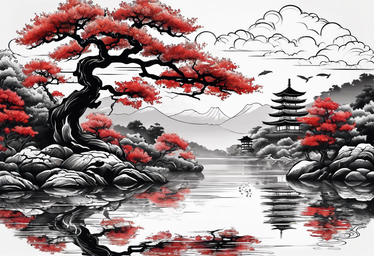 Red japanese oak tree next to a river with koi fish tattoo idea