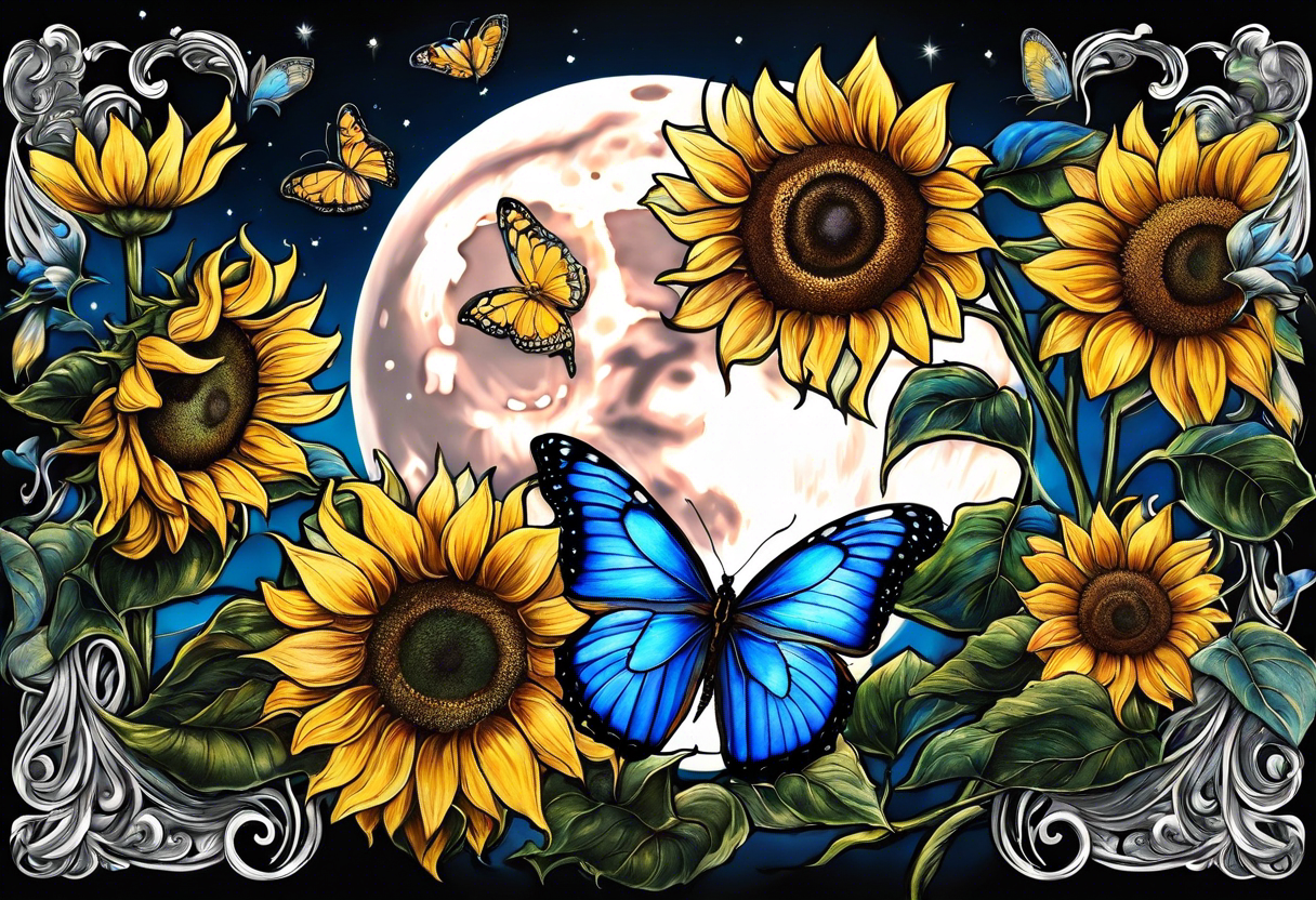 Full moon, blue morpho butterflies and sunflowers. tattoo idea