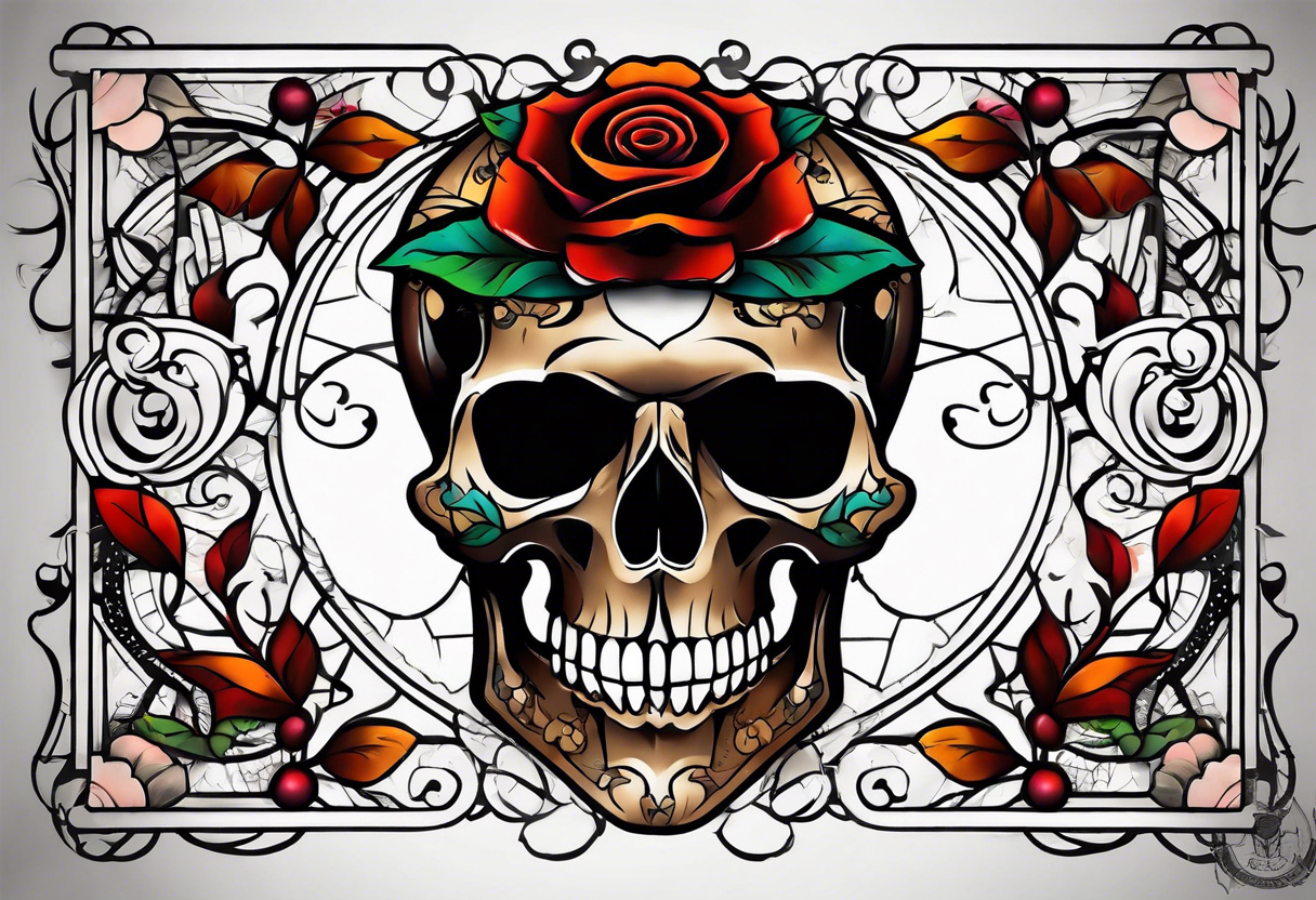 neo traditional Knee tattoo in fall colors showing a large skull with a rose in the style of Mark Mahoney tattoo idea