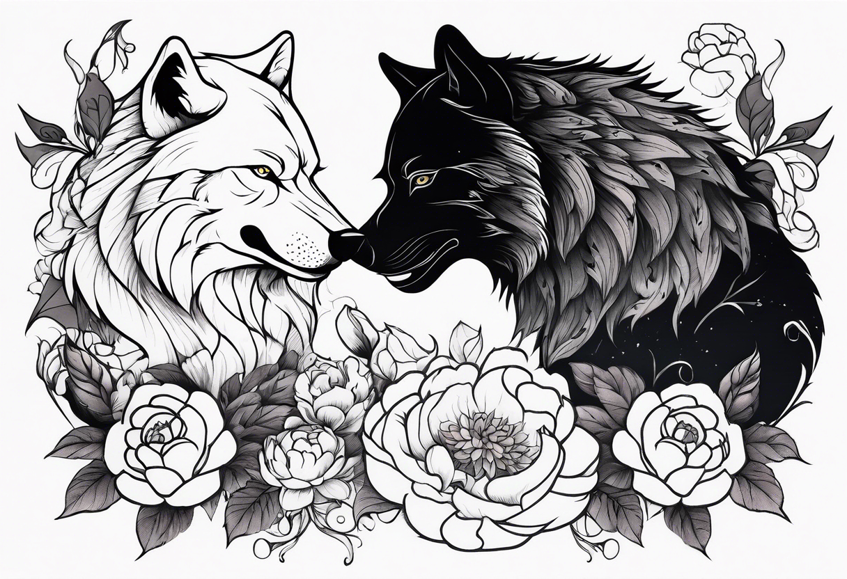 Wolf fighting with bear with peonies and smoke tattoo idea