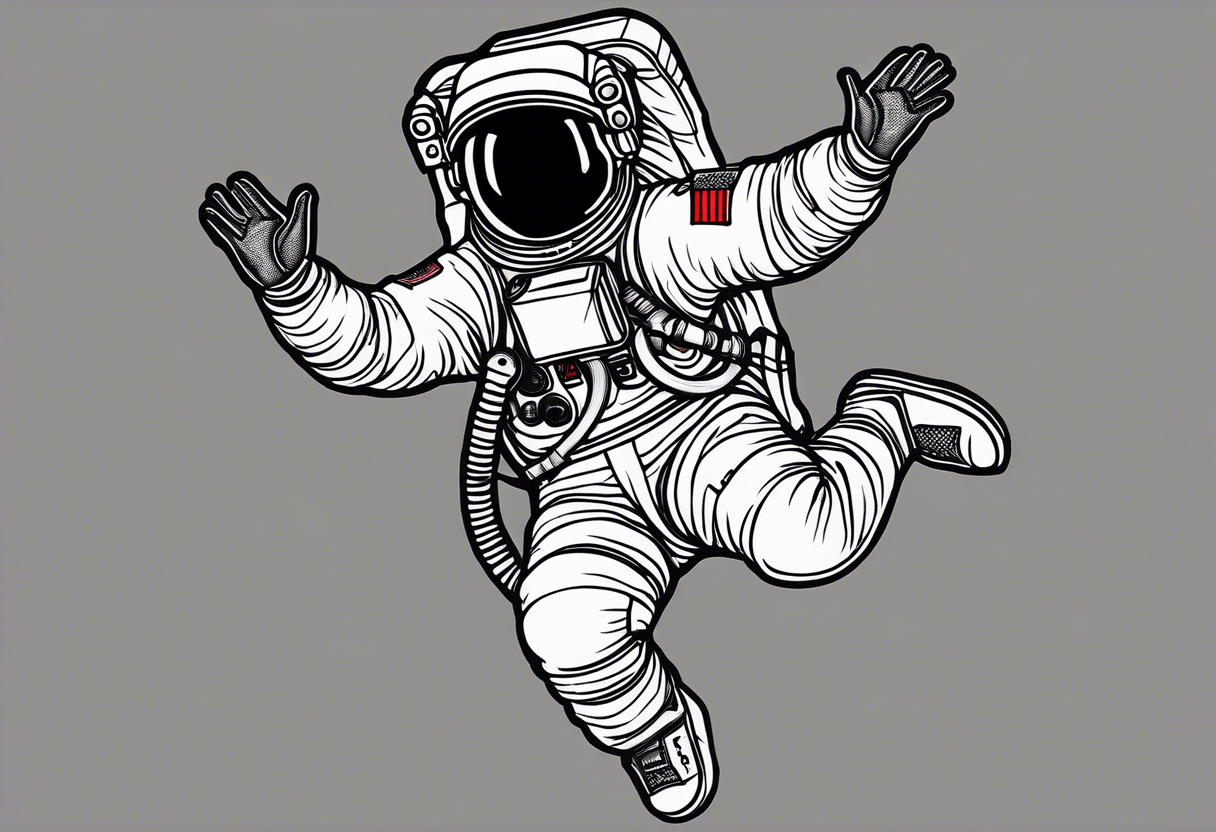 An astronaut floating with one arm up and one arm down and feet spread. he's wearing 1990's air jordan sneakers on his feet tattoo idea