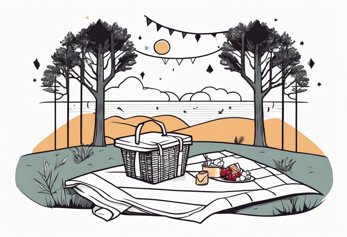 super minimalstic picnic scene. A blanket, picnic-basket with lid, pennants in two trees. Thin lines. tattoo idea