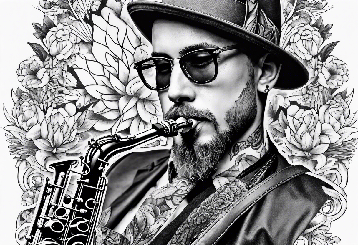 Csepregi Gyula is playing on his saxophone tattoo idea