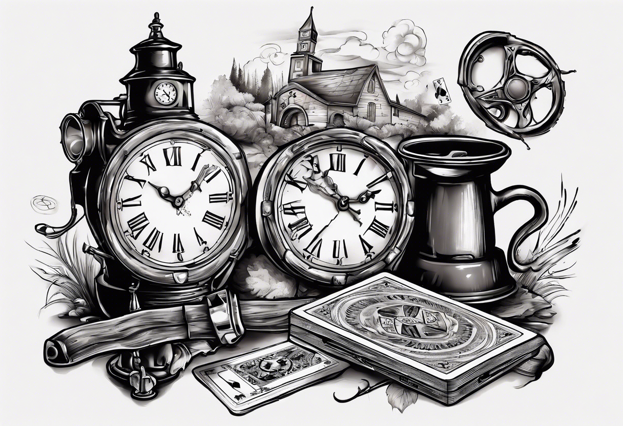 mounting landscape.
In a middle an antique clock at 9:44pm. across the tattoo a cinema film. game of poker 4 cards. a old walking stick and 
Italian Mokka coffee maker. tattoo idea