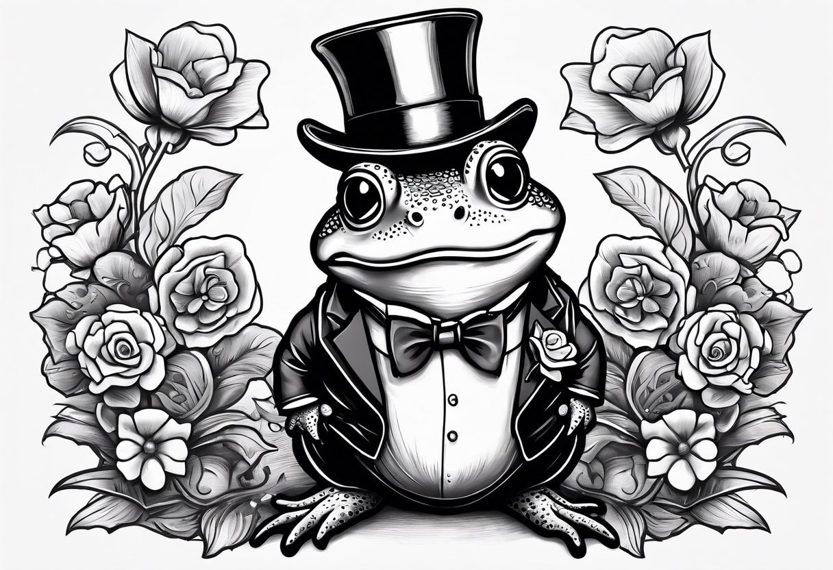 Cute toad standing on back legs  in a top hat and a formal suit holding flowers to go on a date tattoo idea