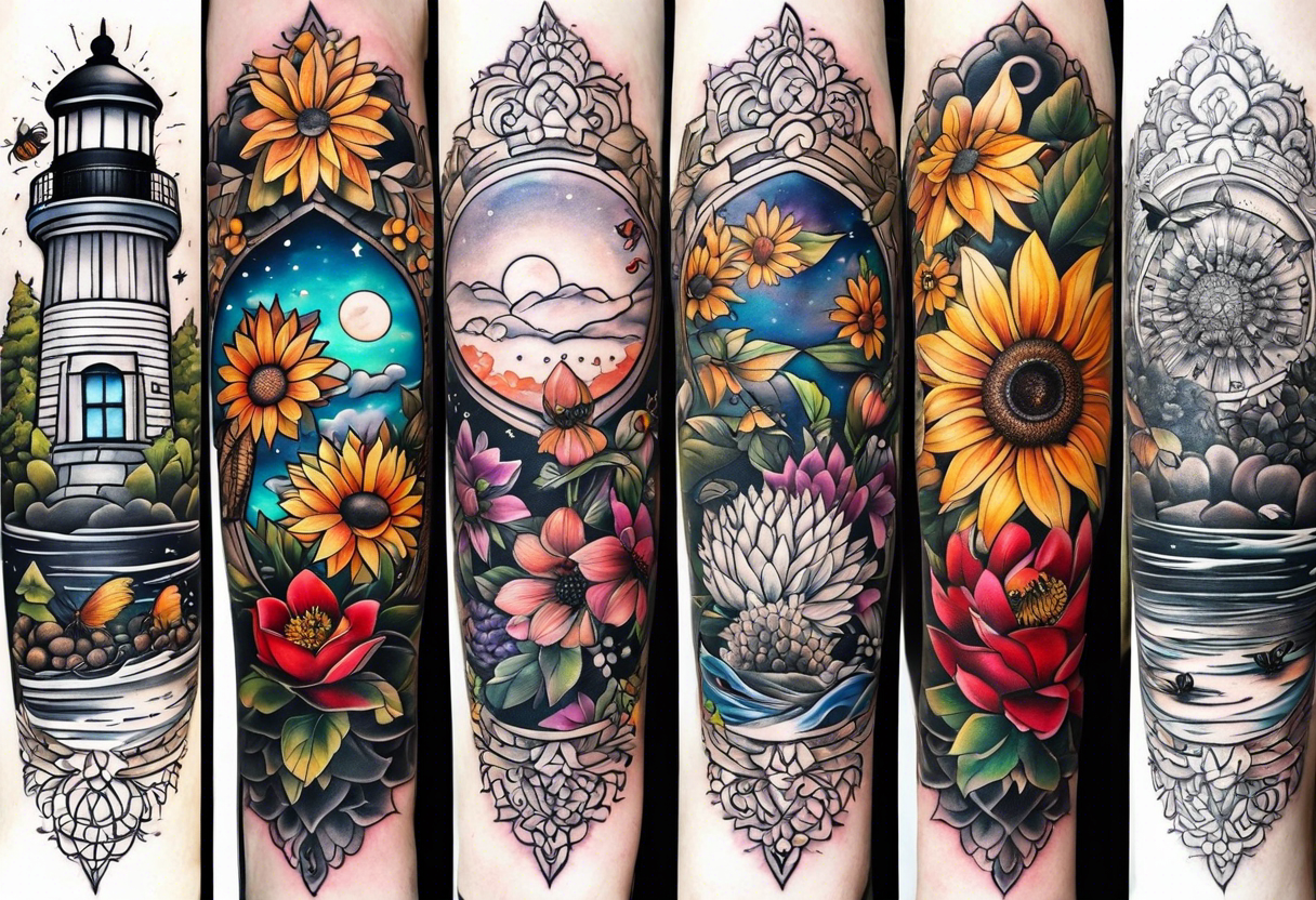 A lower forearm sleeve full colour mandala flowers, and owl, bees, pinecone, lady bugs. Moon sunflower honey suckle lighthouse tattoo idea