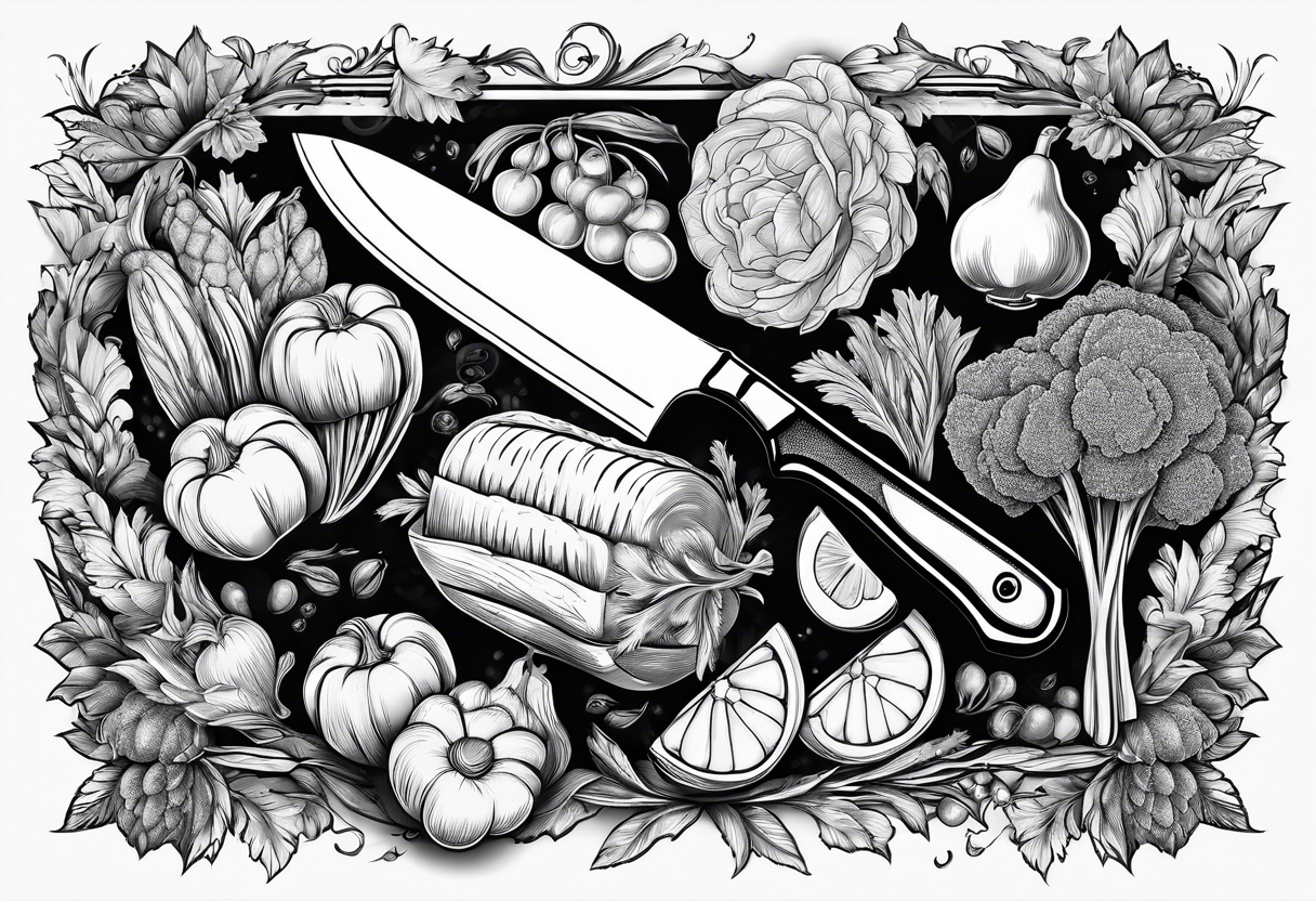 simple Chef knife with vegetables inside blade tattoo idea