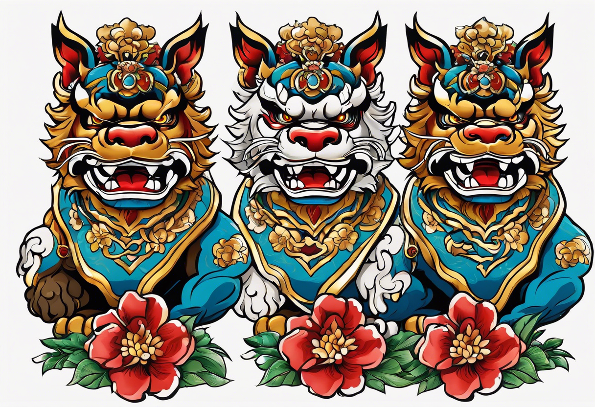 Okinawa style twin shisa dogs, one with open mouth, one with closed mouth, chest/pecs, Yakuza style, old school tattoo idea