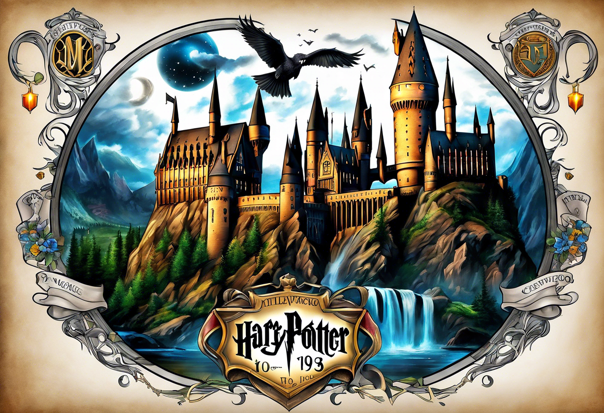 Harry Potter themed full sleeve. Include the Hogwarts castle, a golden snitch, the flying ford angler, the Ravenclaw house crest, and Luna Lovegood. tattoo idea