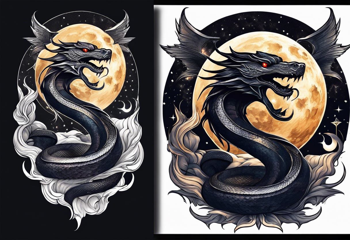 Lucifer (half snake) wraps the moon in the night sky tattoo idea