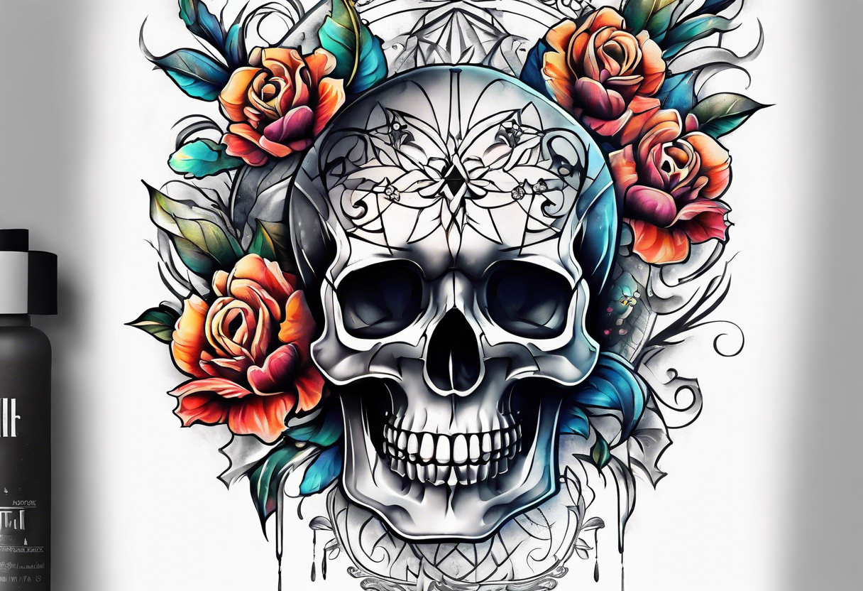 front knee tattoo with flowers & skulls, swirls & water washes, background washes tattoo idea