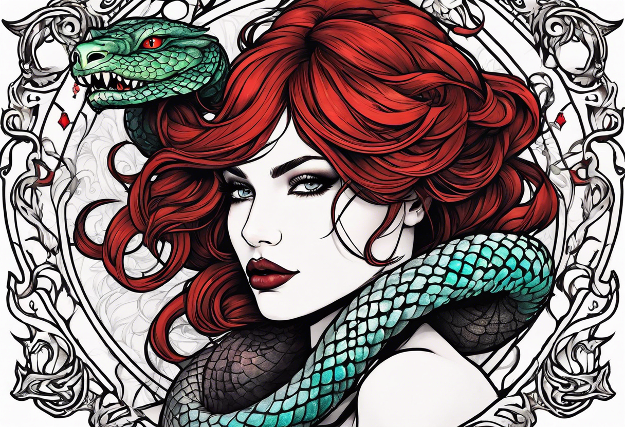 Lilith with red hair and serpent tattoo idea