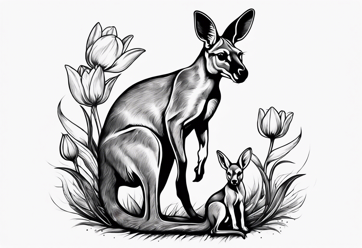 A kangaroo with a puppy in its pick surronded by tulipa tattoo idea