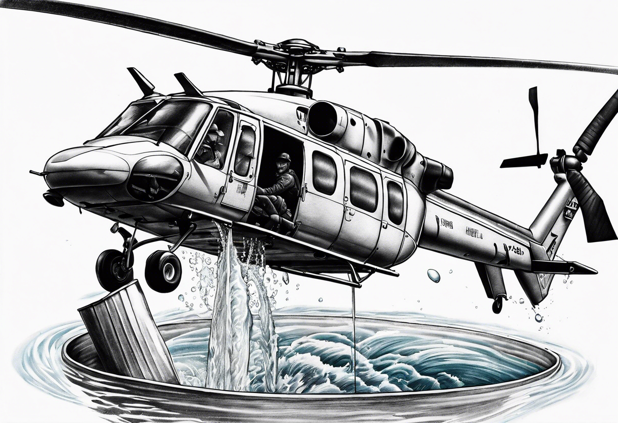 a helicopter dropping water out of a bucket suspended by the helicopter tattoo idea