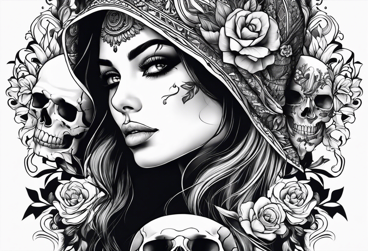 woman face with a skull tattoo idea