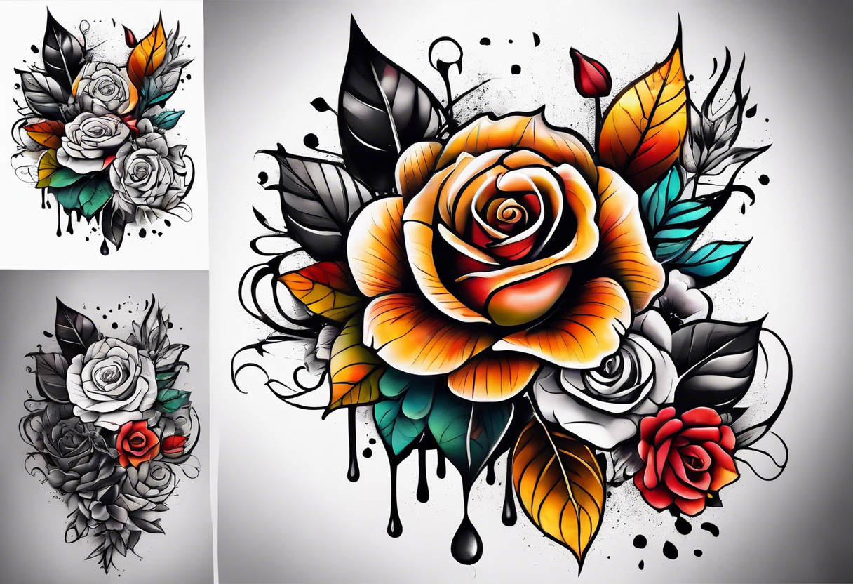 Front knee tattoo with fall colors, small flowers, rose, leaves, water flow and background using Trash Polka tattoo idea