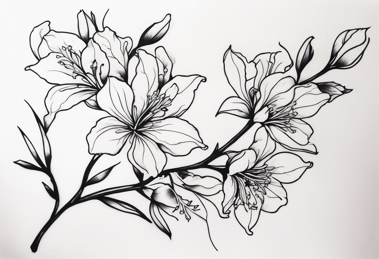 5-petal Azaleas, spread out along a long branch tattoo idea