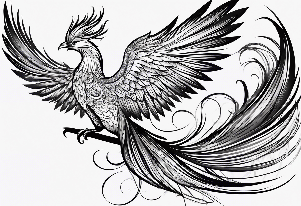 minimalist pheonix with long tail curling and feathers coming off tail tattoo idea