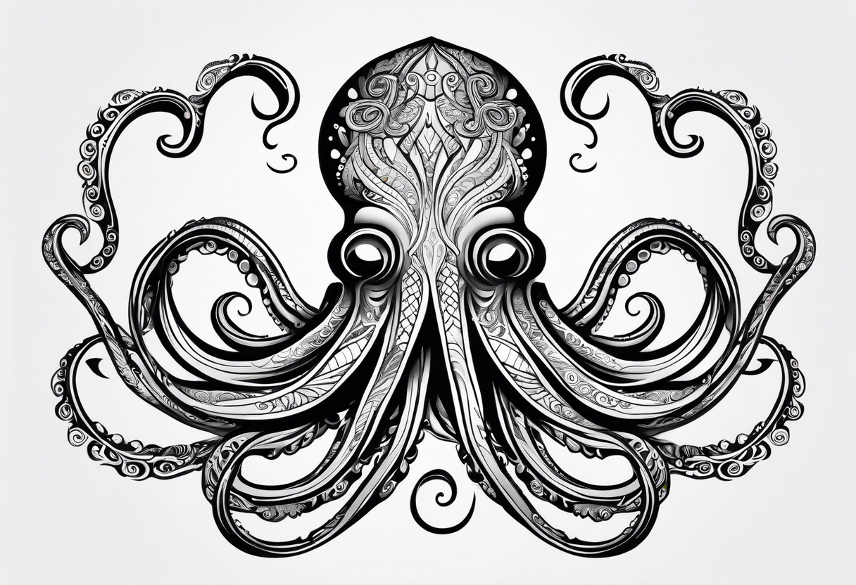 Hawaii tribal octopus with thick lines, less detail, and water waves tattoo idea