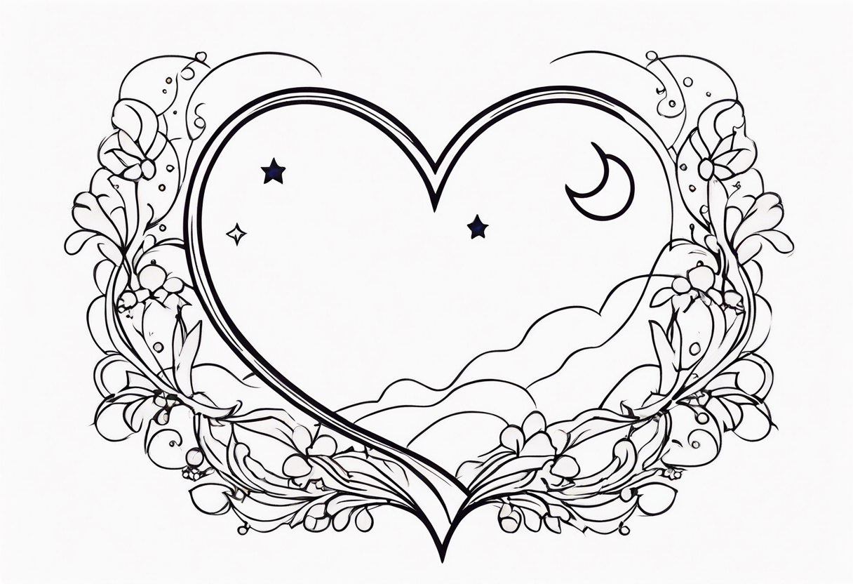 Crescent moon with heart shaped jewels dangling from the bottom of it tattoo idea