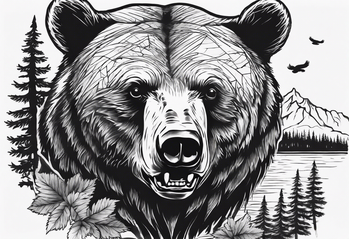 bear head, forest, lake, appalachia, arm sleeve tattoo tattoo idea