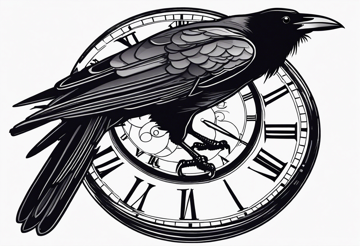 raven perched on clock tattoo idea