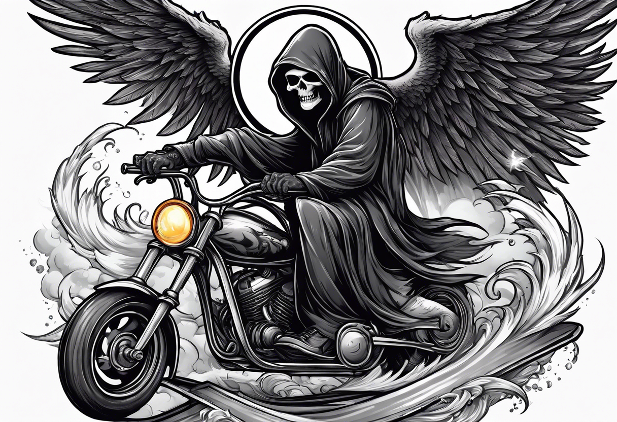 the grim reaper riding a skateboard with an angel halo above his head tattoo idea