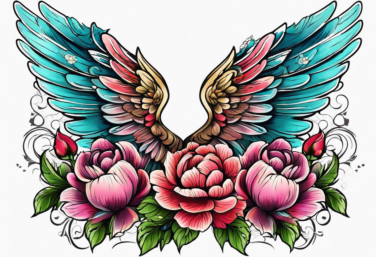 beautiful angel wings with colorful, peonies. beautiful flilligree in the background , full color, traditional old school , white background tattoo idea