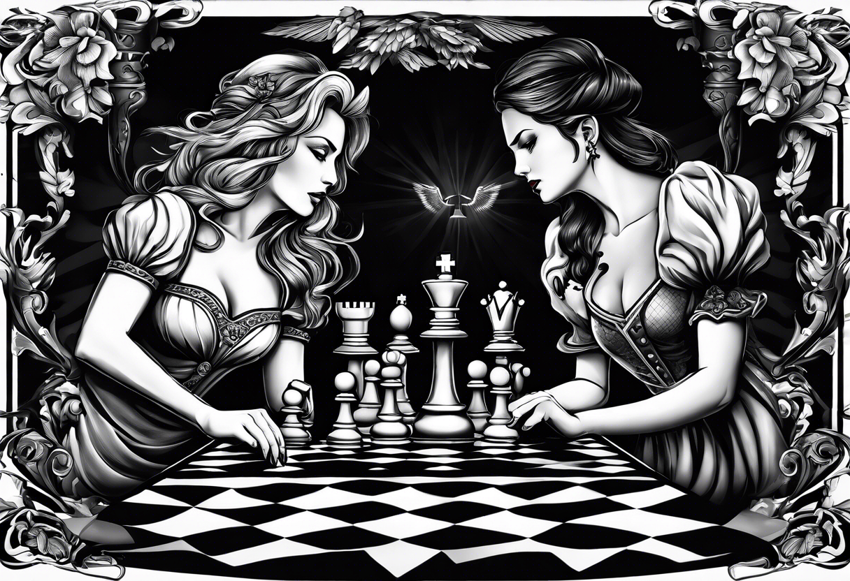 Capture the intense moment of checkmate in the game, with the angelic queen delivering the final move, signaling the triumph of good over evil in this strategic battle. tattoo idea