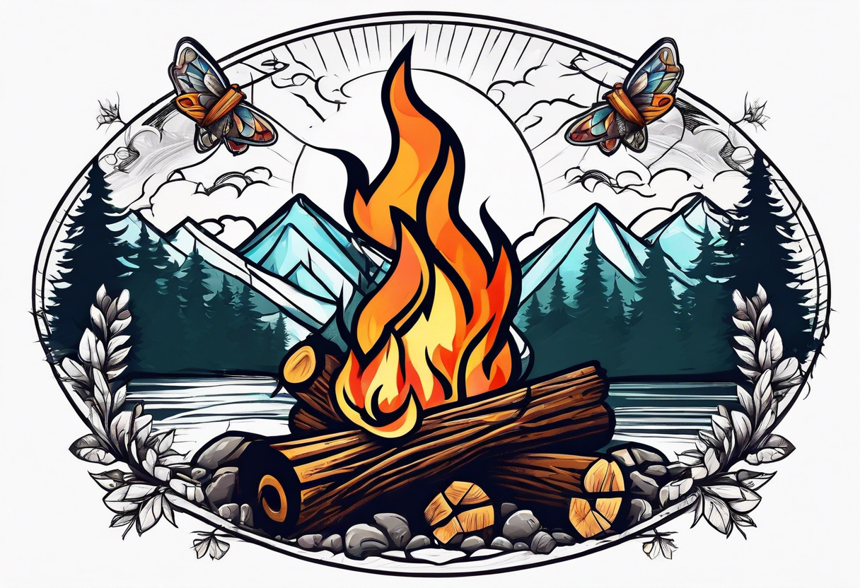 Campfire with small Moth flying above tattoo idea