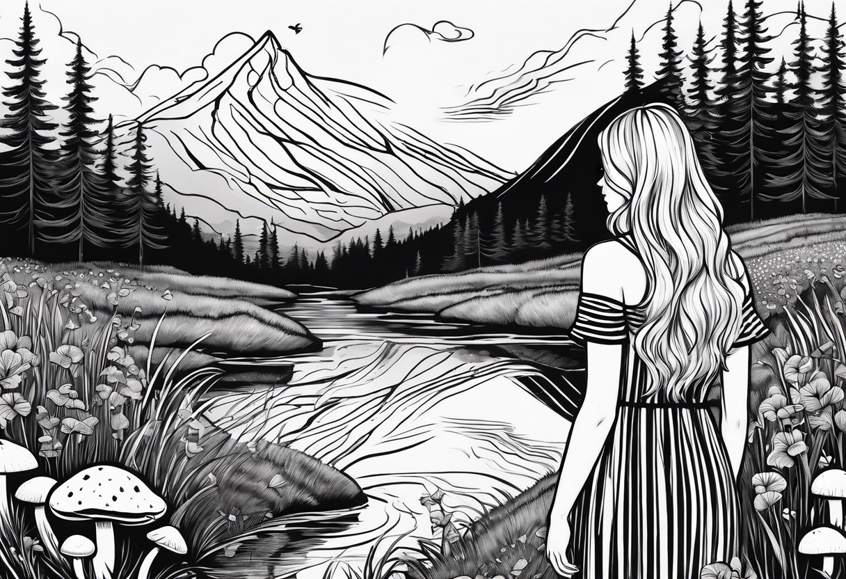 Straight long blonde hair hippie girl in distance holding mushrooms in hand facing away toward mountains and creek surrounded by mushrooms black and white striped dress tattoo idea