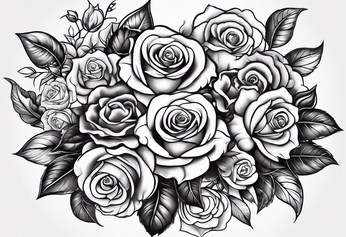 Tattoo thigh peice with Roses and flowers With nursing and hunting and cows and bulls and fishing and love and church. tattoo idea