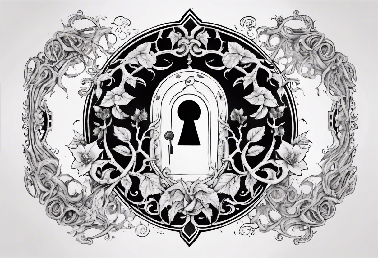 an intricate keyhole surrounded by elements like vines, and Inside the keyhole, incorporate personal symbols or imagery that hold significance to the individual. tattoo idea