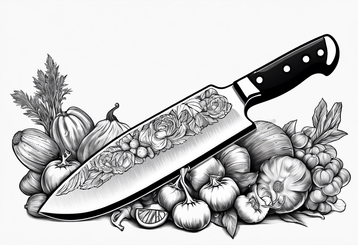 simple Chef knife with vegetables inside blade tattoo idea