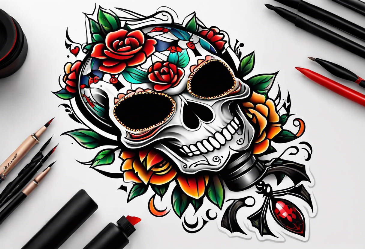 Traditional knee tattoo with skull and spider tattoo idea