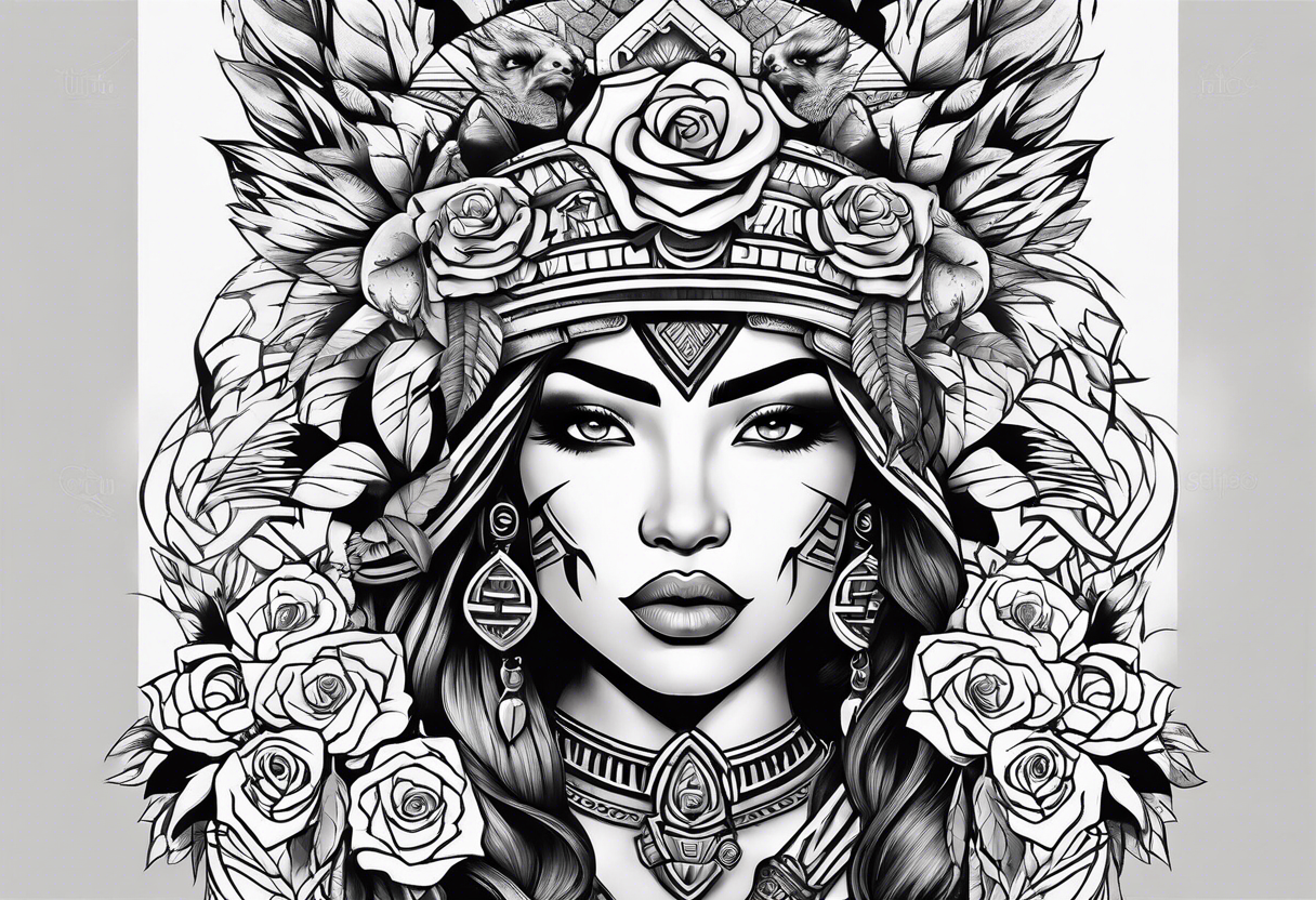 Armored Aztec woman woman with a wolf and a cored rose tattoo idea