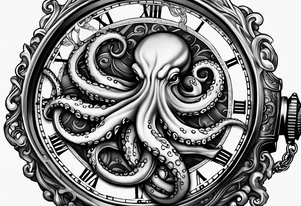 Forpocket watch wrapped under an aggressive octopus, lateral view tattoo idea