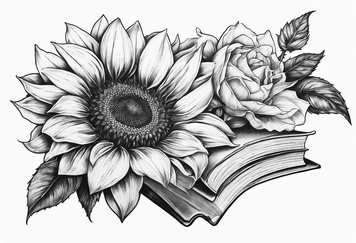 Sunflower, book, flower rose  bleu tattoo idea