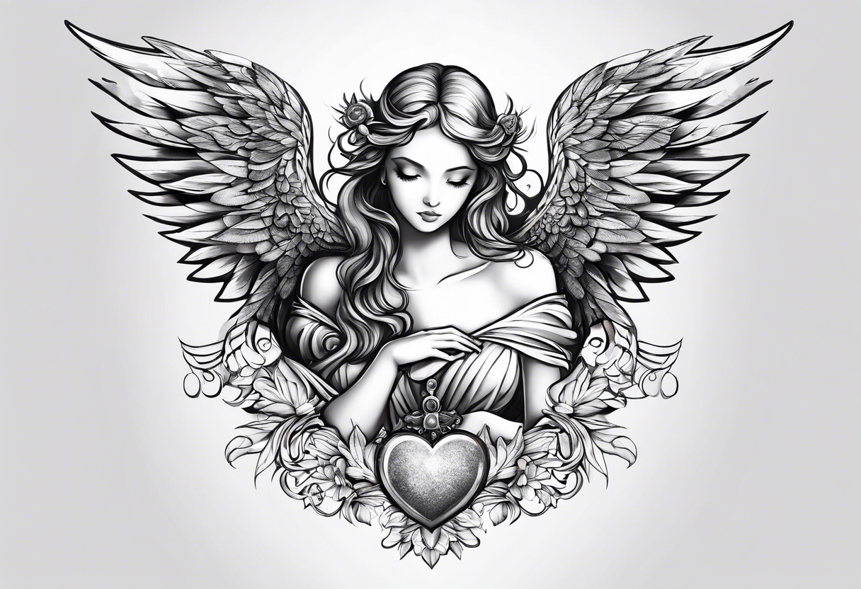 small angel with wings and heart on hands tattoo idea