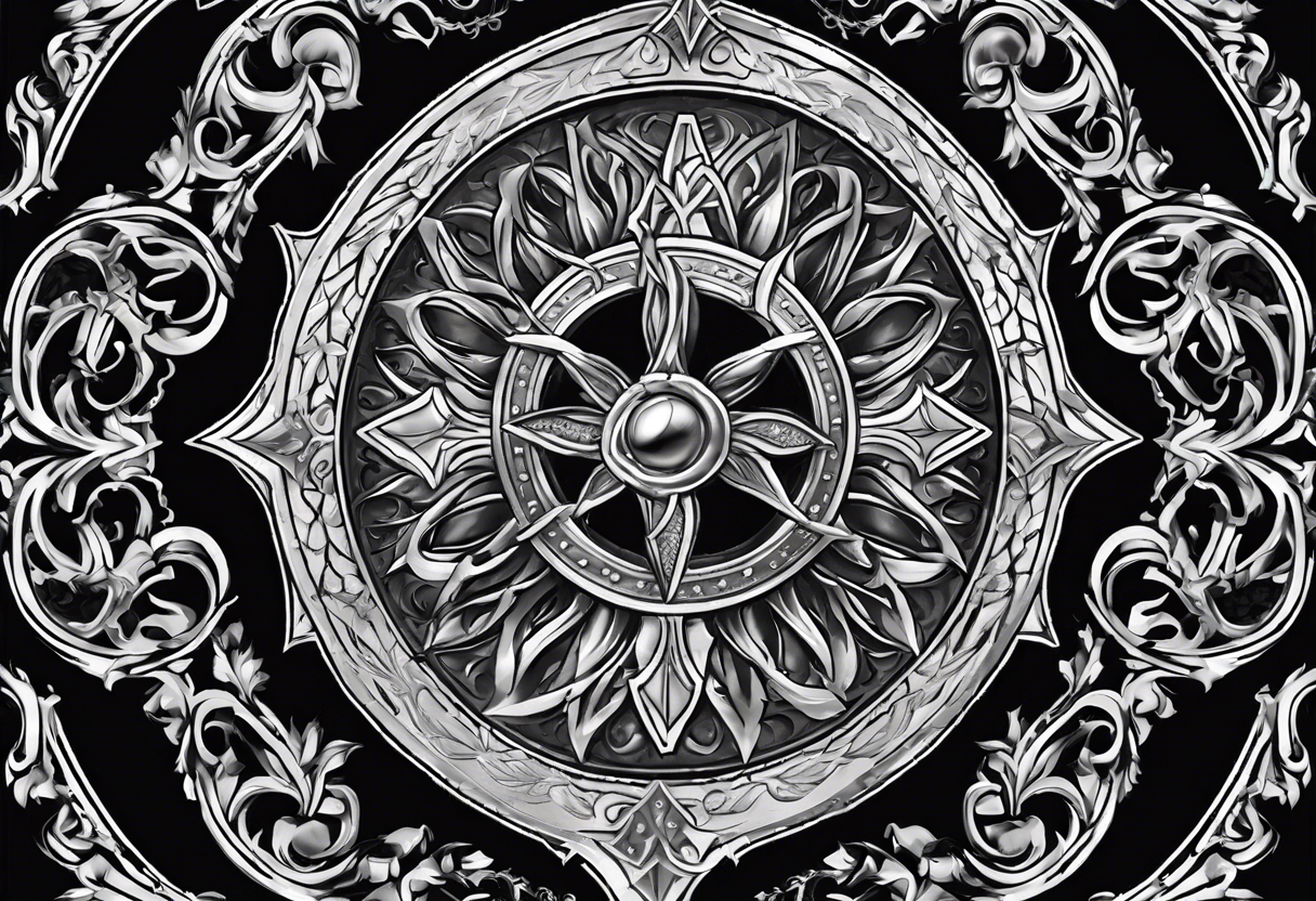 A beautifully adorned shield with a subtle crown of thorns encircling it, radiating an aura of divine power. tattoo idea