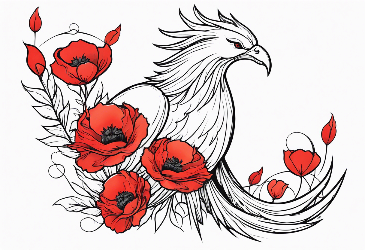 elongated pheonix holding red poppies in claw tattoo idea