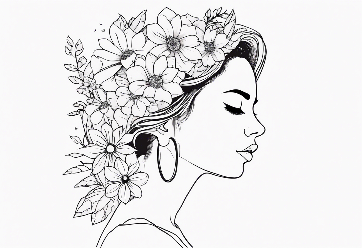 fine line tattoo with woman facing forward flowers covering her eyes and forehead with flowers growing out of her head tattoo idea