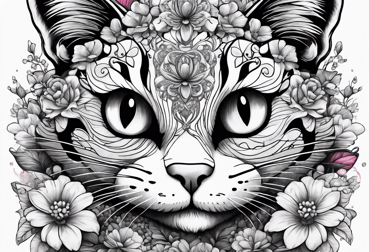 cheshire cat in wonderland among flowers made of candy and glass butterflies tattoo idea