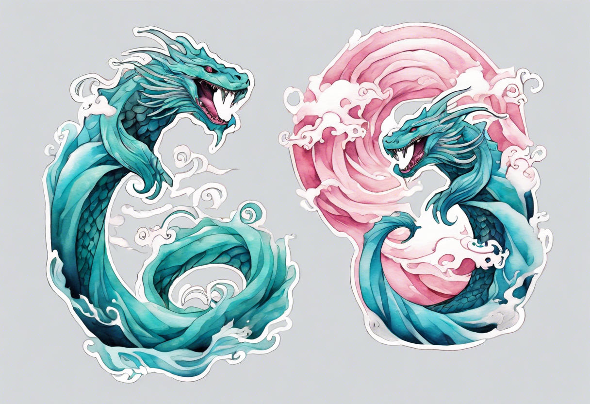 a beautiful turquoise and white and pink Jörmungandr rising from the blue waves of the ocean tattoo idea