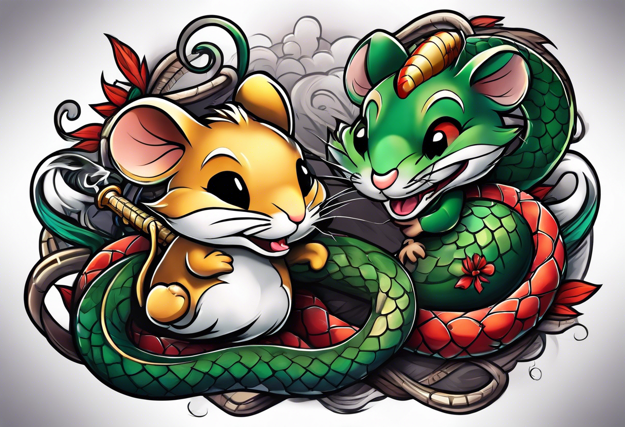 A mouse and snake having fun while sword fighting tattoo idea