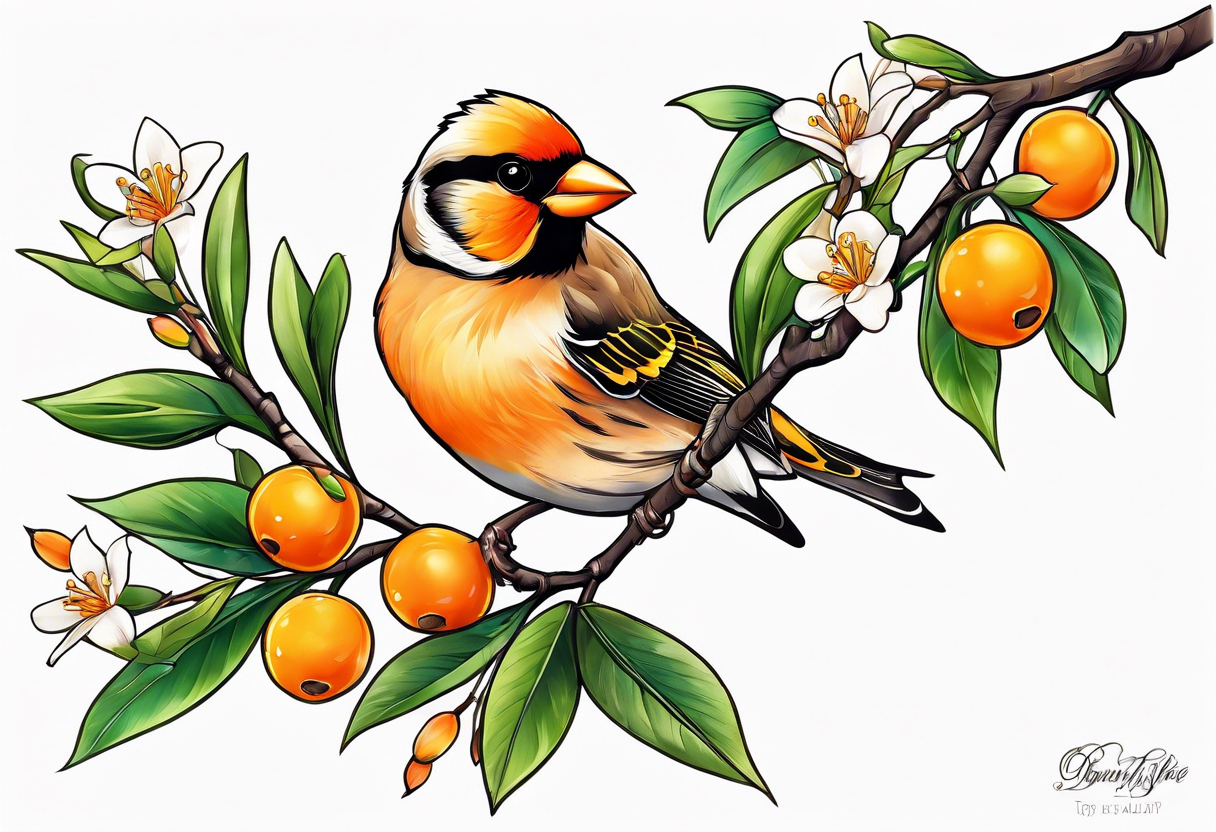 finch lifting off of branch with orange blossoms tattoo idea