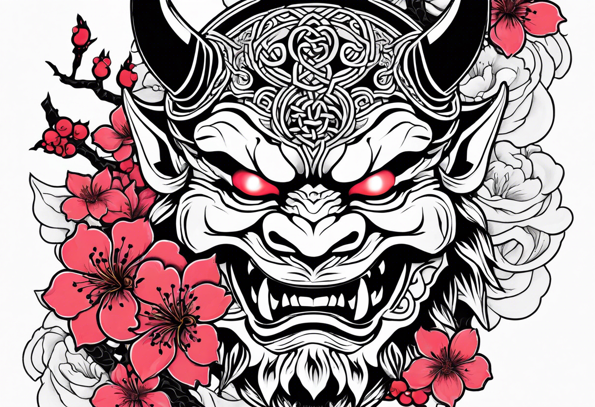 Oni mask with a cherry blossom background in a Celtic style tattoo idea