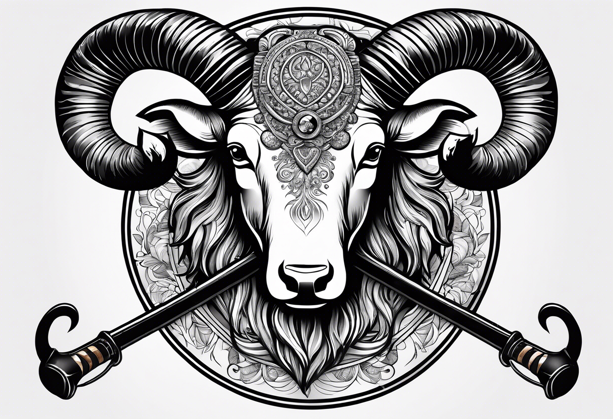 tattoo design containing the following objects: ram head, floorball ball, hockey stick, fishing rod tattoo idea