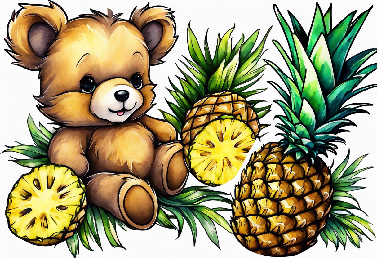 Teddy Bear biting pineapples tattoo idea